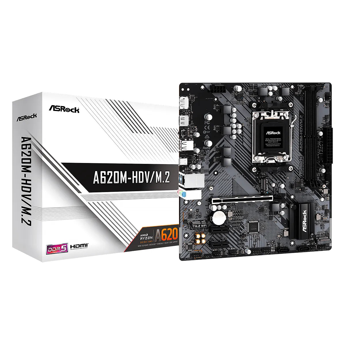 MBO ASROCK A620M HDVM.2 AMD5 HDMI-DP 2XDDR5 6USB 4SATA3 PCIE1X16-2X1 M.2 MICROATX